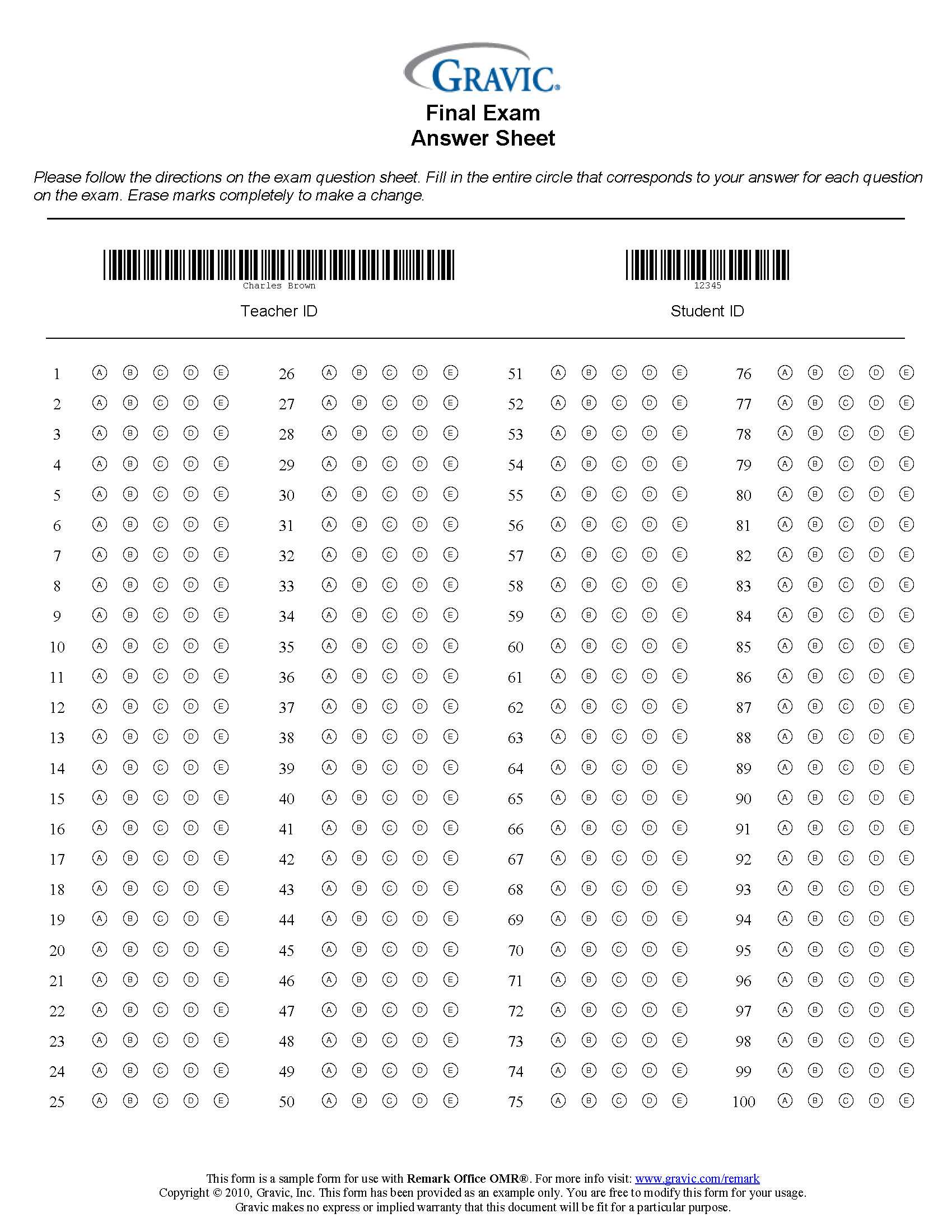 100 Question Test Answer Sheet With Barcode · Remark Software Within Blank Answer Sheet Template 1 100