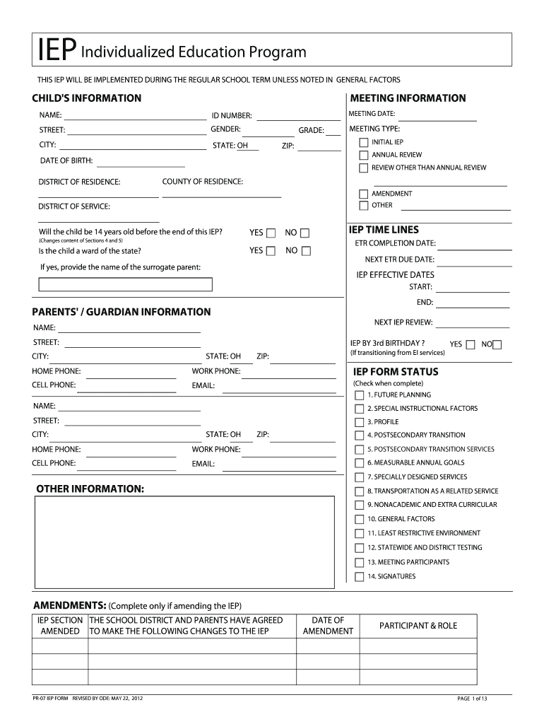 2012 2020 Form Oh Pr 07 Iep Fill Online, Printable, Fillable For Blank Iep Template