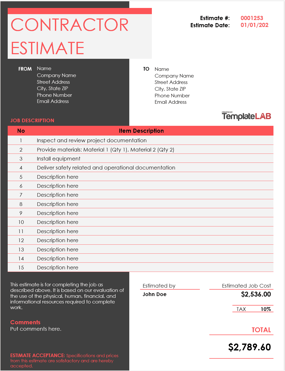 28 Free Estimate Template Forms [Construction, Repair For Blank Estimate Form Template