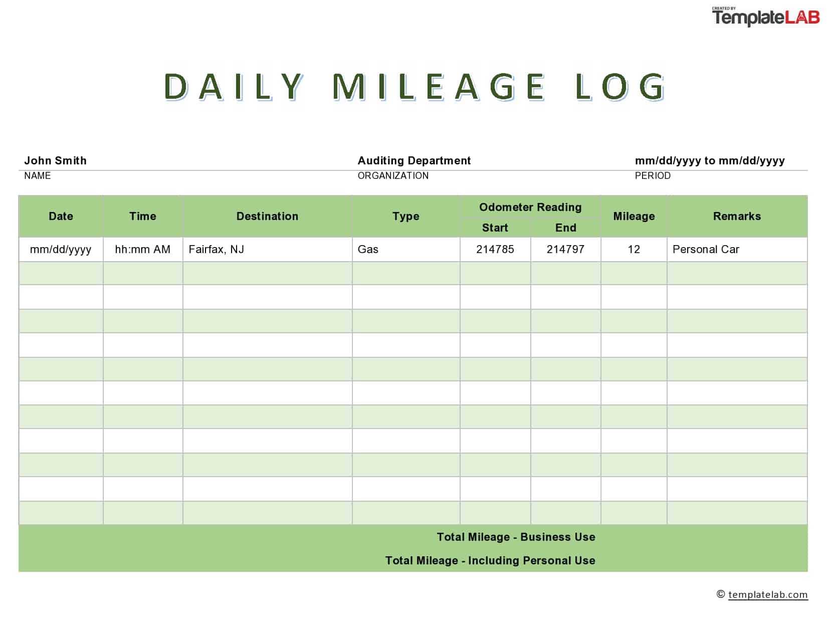 31 Printable Mileage Log Templates (Free) ᐅ Templatelab Pertaining To Gas Mileage Expense Report Template