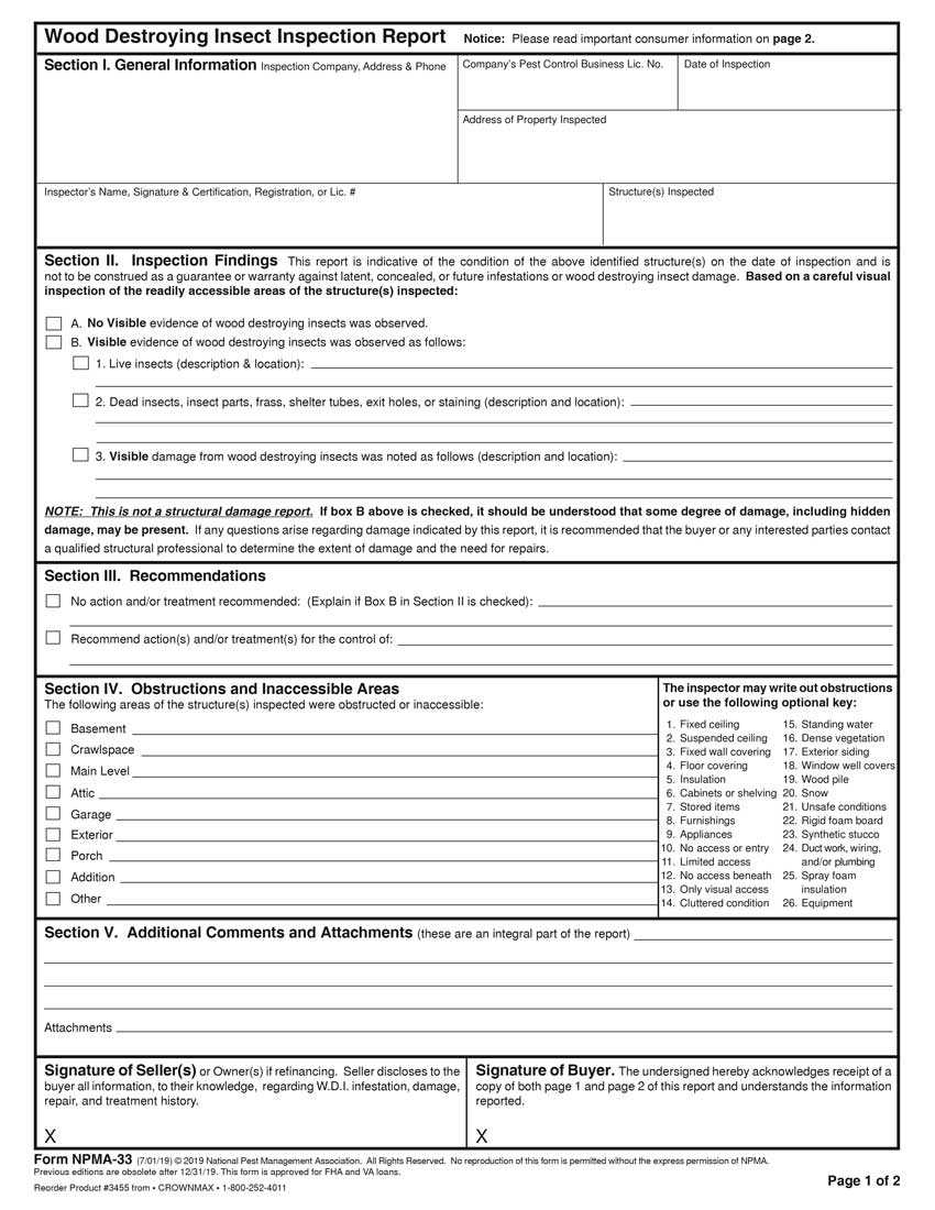 3455 – Npma 33 Wdi Reports – 4 Pt Within Pest Control Inspection Report Template