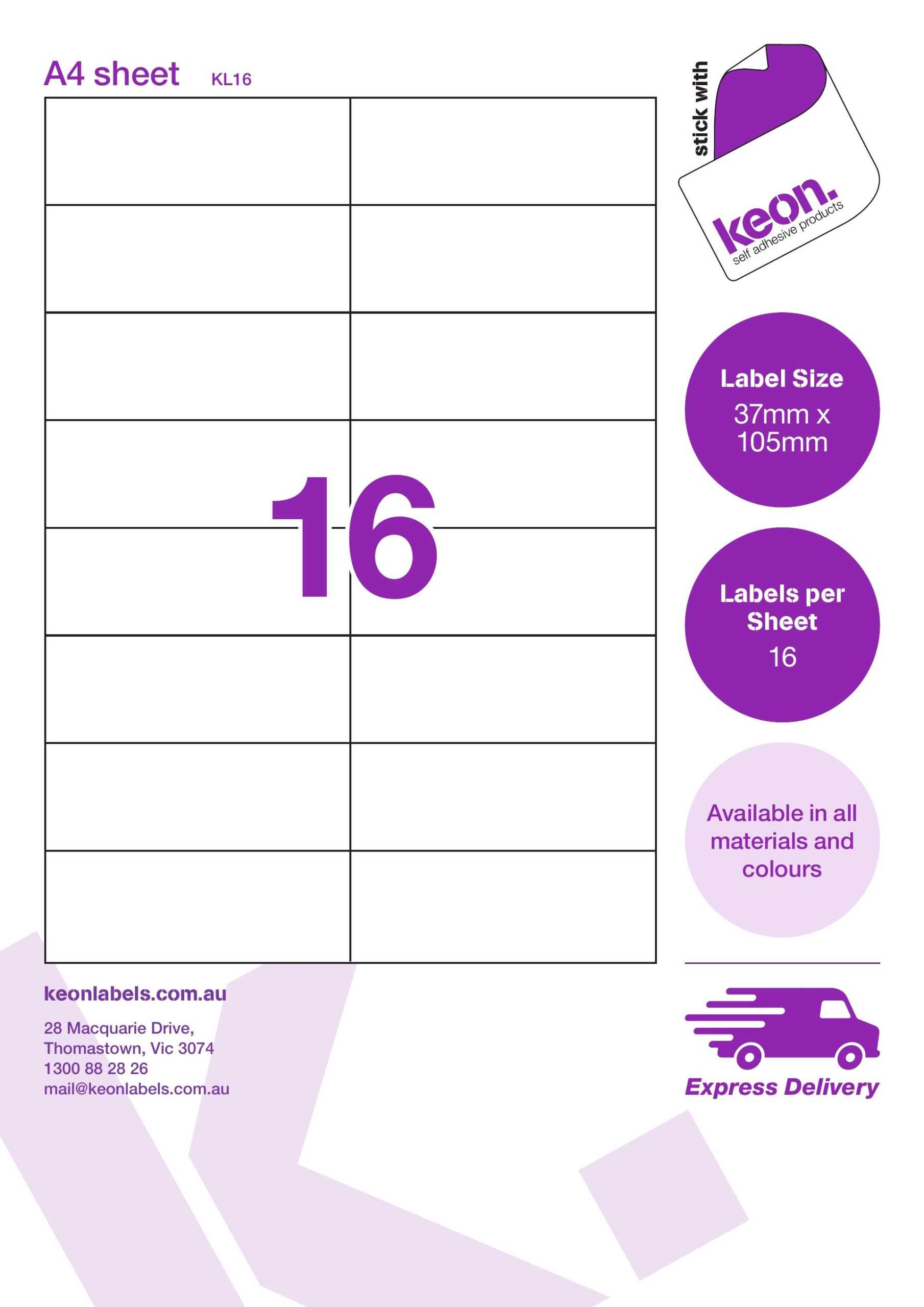 37Mm X 105Mm 16 Labels Per Sheet (Matt Removable Bulk Pack) Kl16Rb Throughout Word Label Template 16 Per Sheet A4