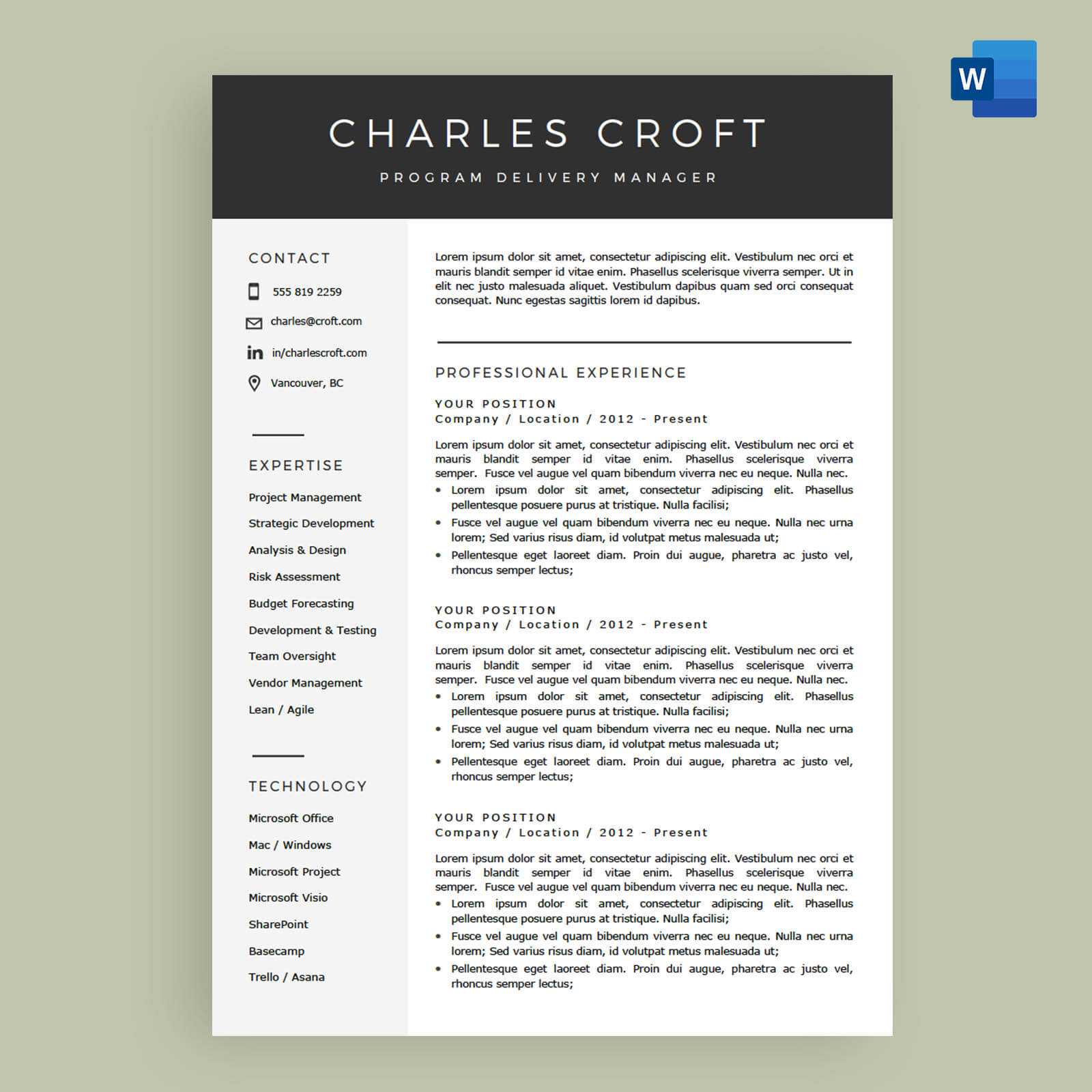 4 Page Resume / Cv Template Package For Microsoft™ Word - The 'charlie' In Microsoft Word Resumes Templates