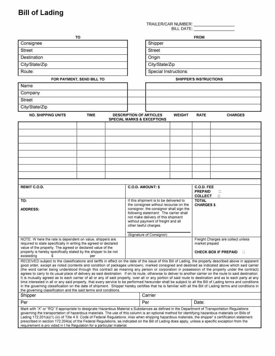 40 Free Bill Of Lading Forms & Templates ᐅ Templatelab For Blank Bol Template