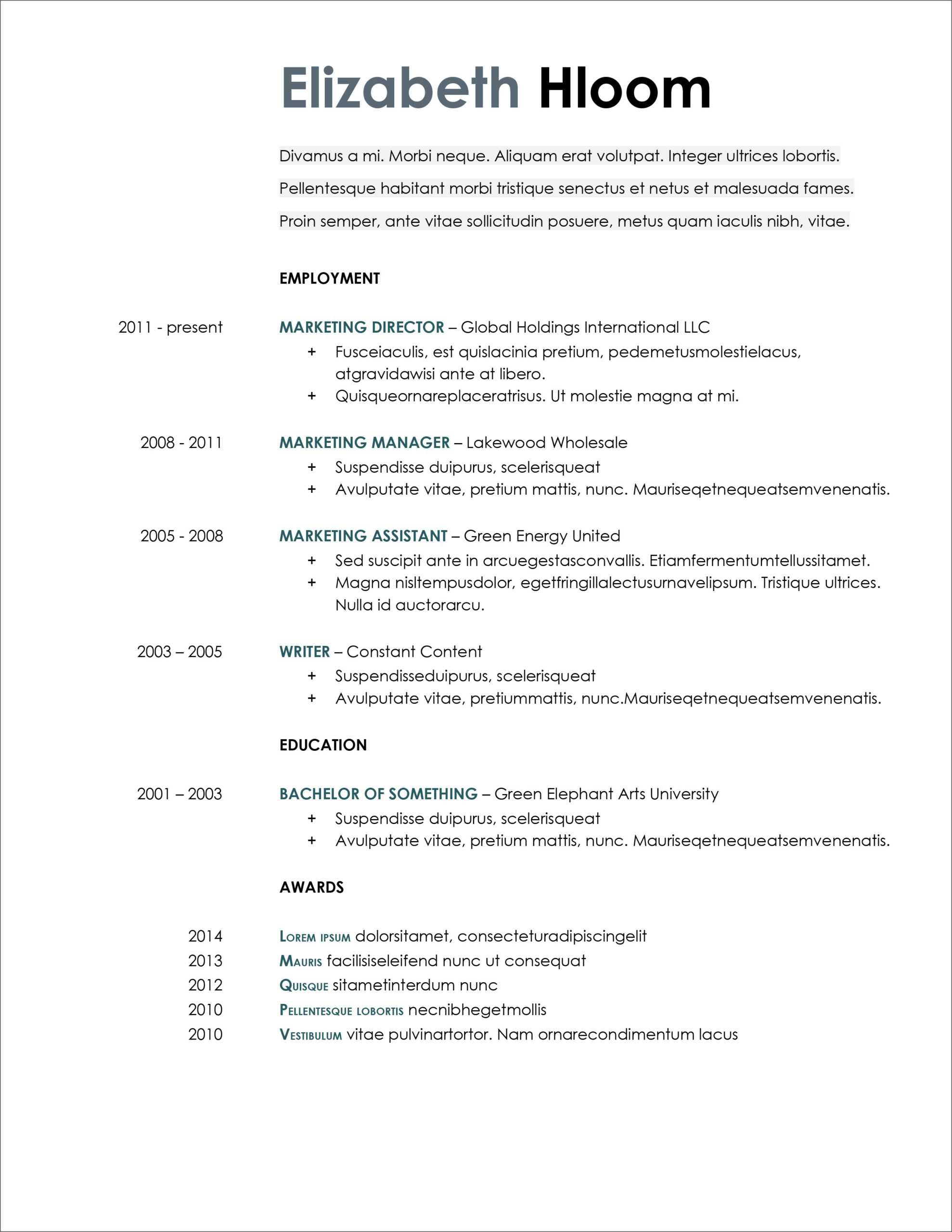 45 Free Modern Resume / Cv Templates – Minimalist, Simple Inside Resume Templates Microsoft Word 2010