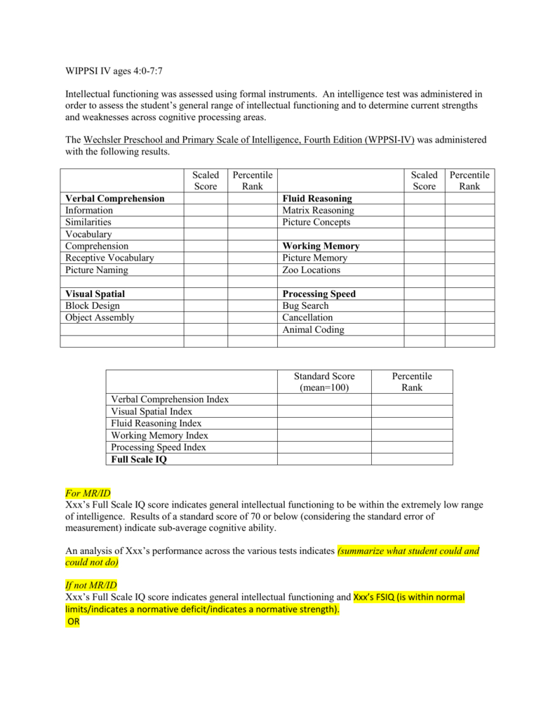 8 Cognitive Template Wppsi Iv Ages 4 0 7 7 Inside Wppsi Iv Report Template