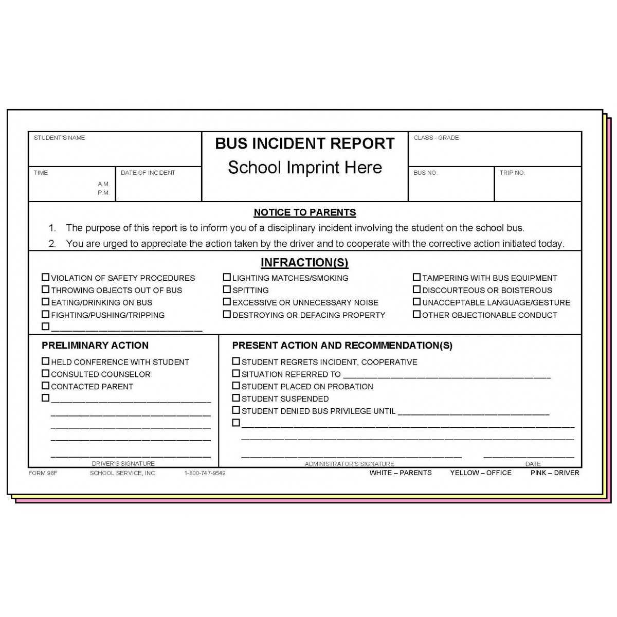 98F – Bus Incident Report W/school Imprint Intended For School Incident Report Template