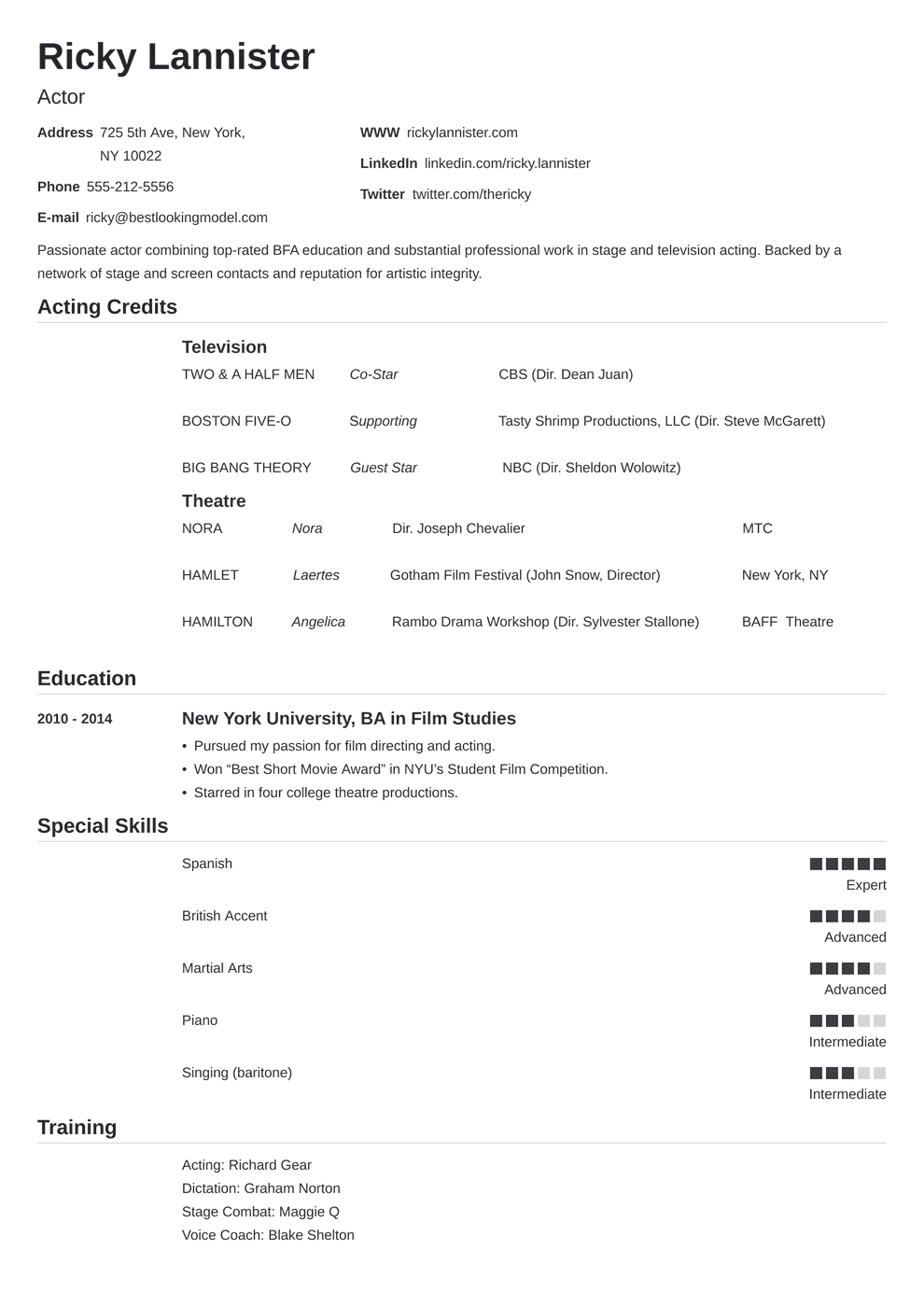 Actor Cv Template – Karati.ald2014 Within Theatrical Resume Template Word