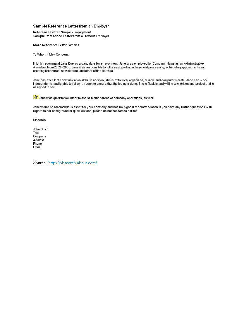 Administrative Assistant Reference Letter From An Employer For Business Reference Template Word
