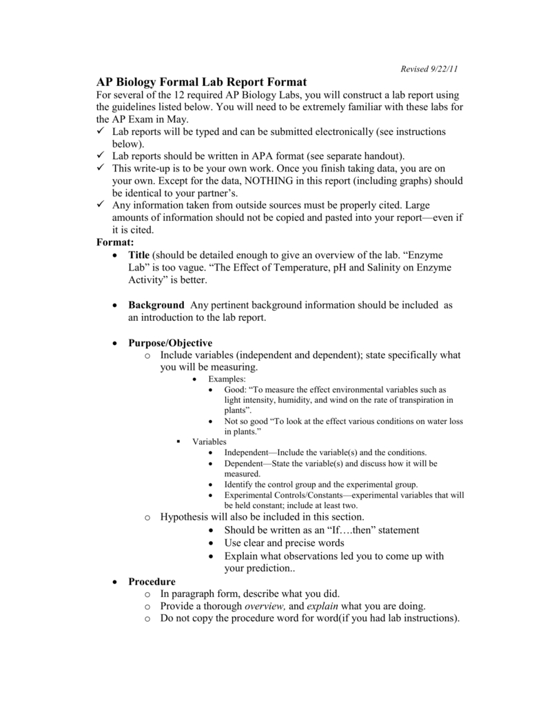 Ap Biology Formal Lab Report Format Within Formal Lab Report Template
