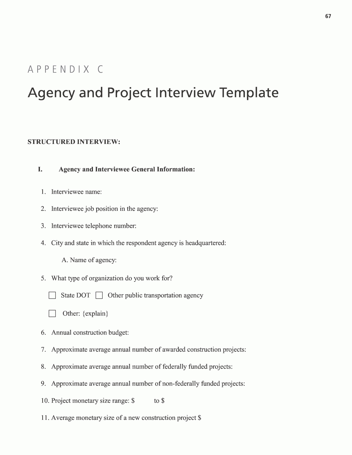 Appendix C – Agency And Project Interview Template Regarding Research Project Report Template
