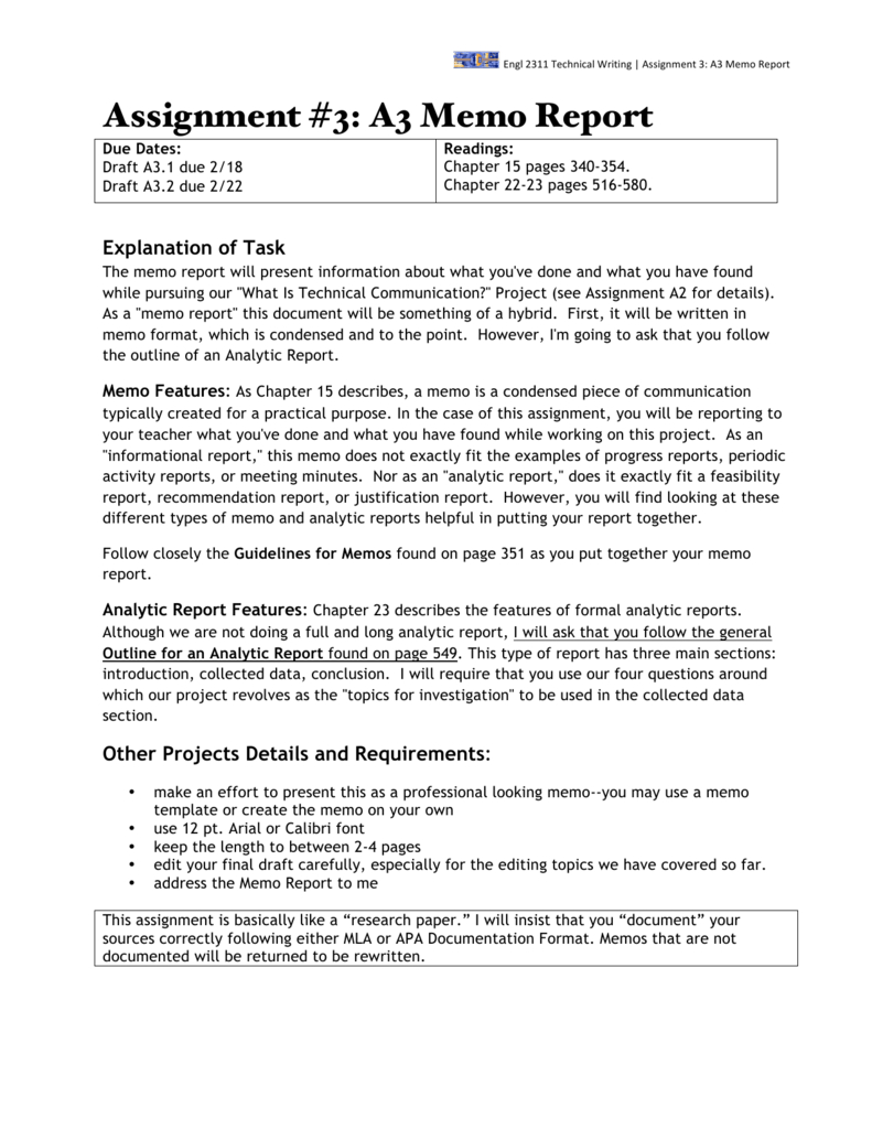 Assignment #3: A3 Memo Report With Regard To Assignment Report Template