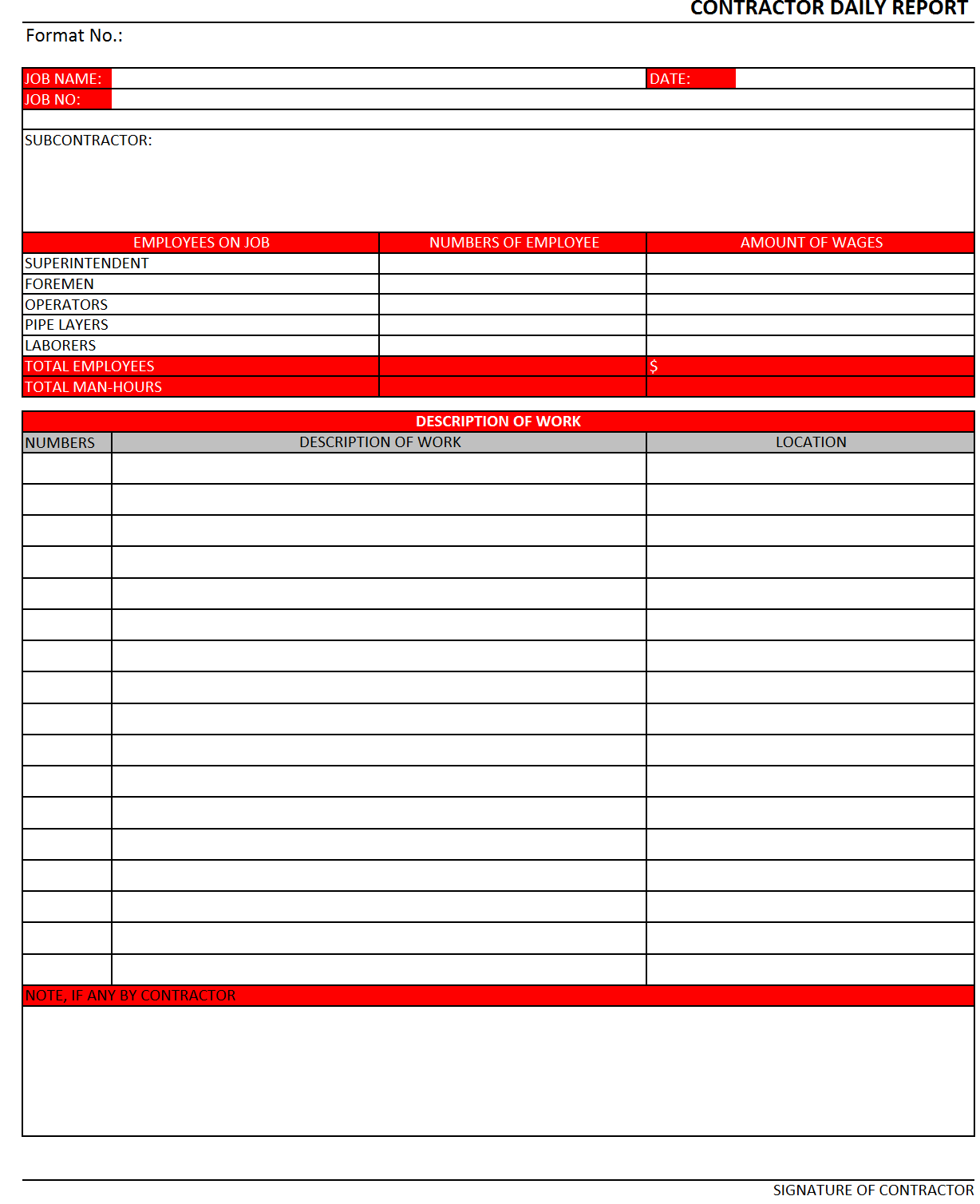 Attractive Contractor Daily Report Template With Red Table Throughout Superintendent Daily Report Template