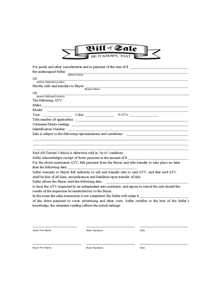 Atv Bill Of Sale Form – 9 Free Templates In Pdf, Word, Excel Regarding Car Bill Of Sale Word Template