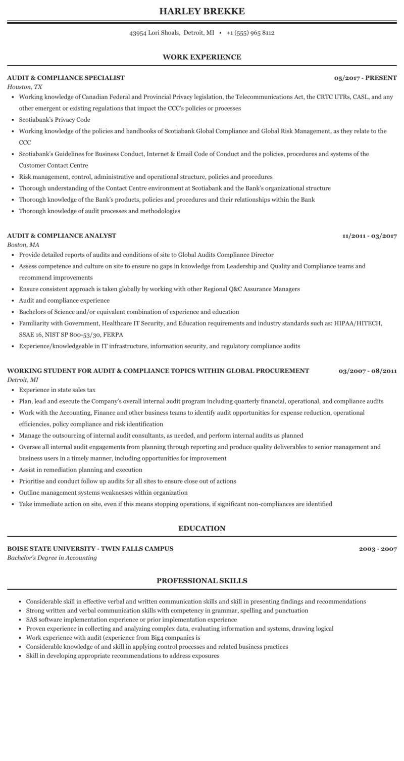 Audit Compliance Resume Sample | Mintresume With Regard To Ssae 16 Report Template