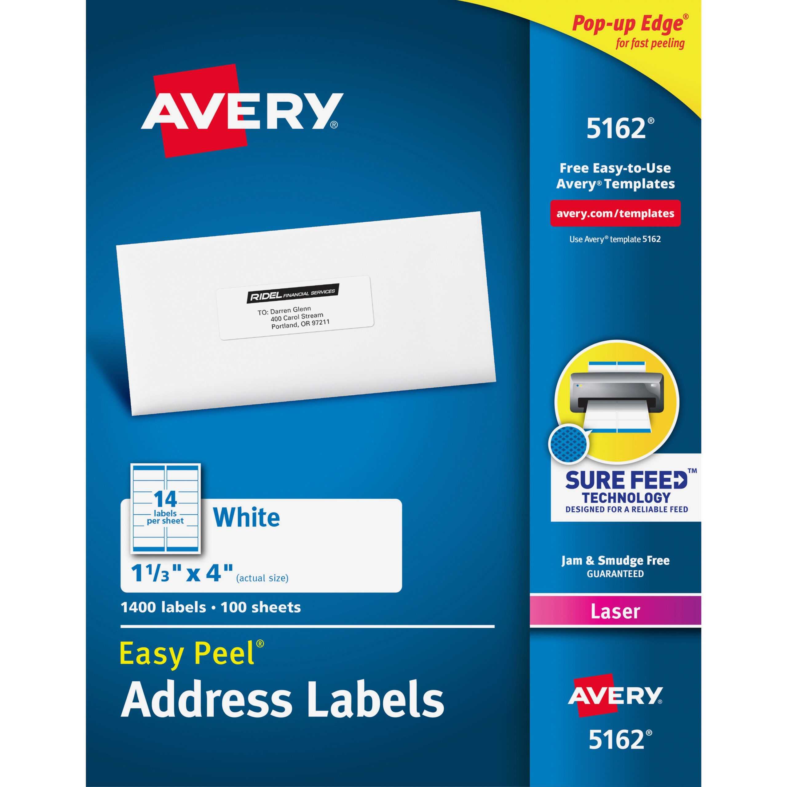 Avery® Easy Peel(R) Address Labels, Sure Feed(Tm) Technology, Permanent  Adhesive, 1 1/3" X 4", 1,400 Labels (5162) – Permanent Adhesive – 4" Width  X 1 Intended For Word Label Template 21 Per Sheet