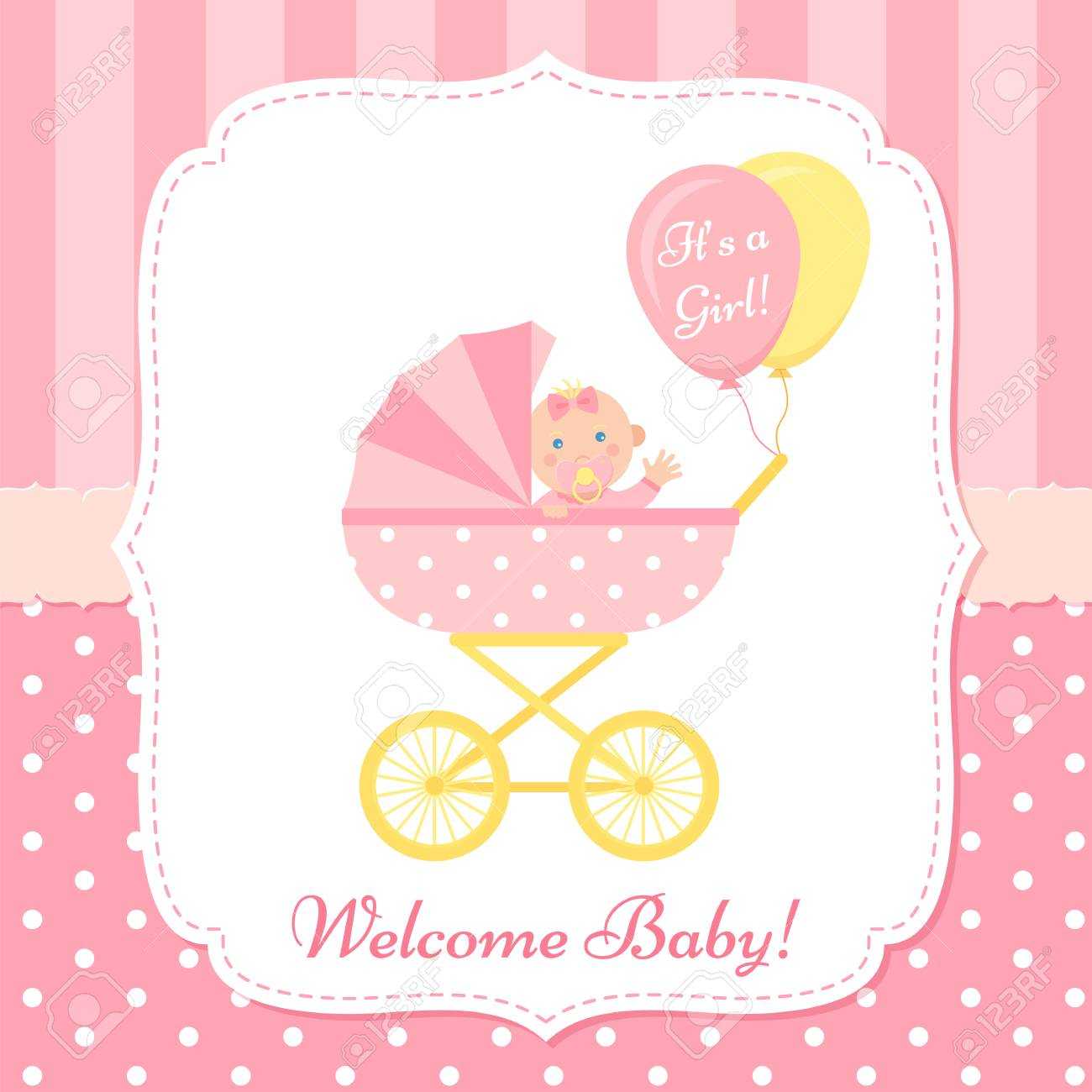 Baby Girl Invite Card. Vector. Baby Shower Banner. Pink Design.. Pertaining To Baby Shower Banner Template
