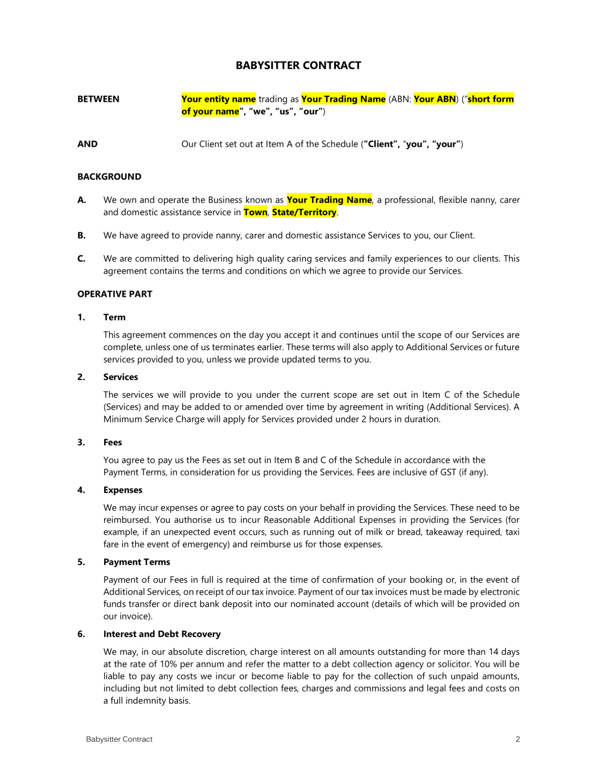 Babysitter Contract Template – Easy Legal Templates Intended For Nanny Contract Template Word