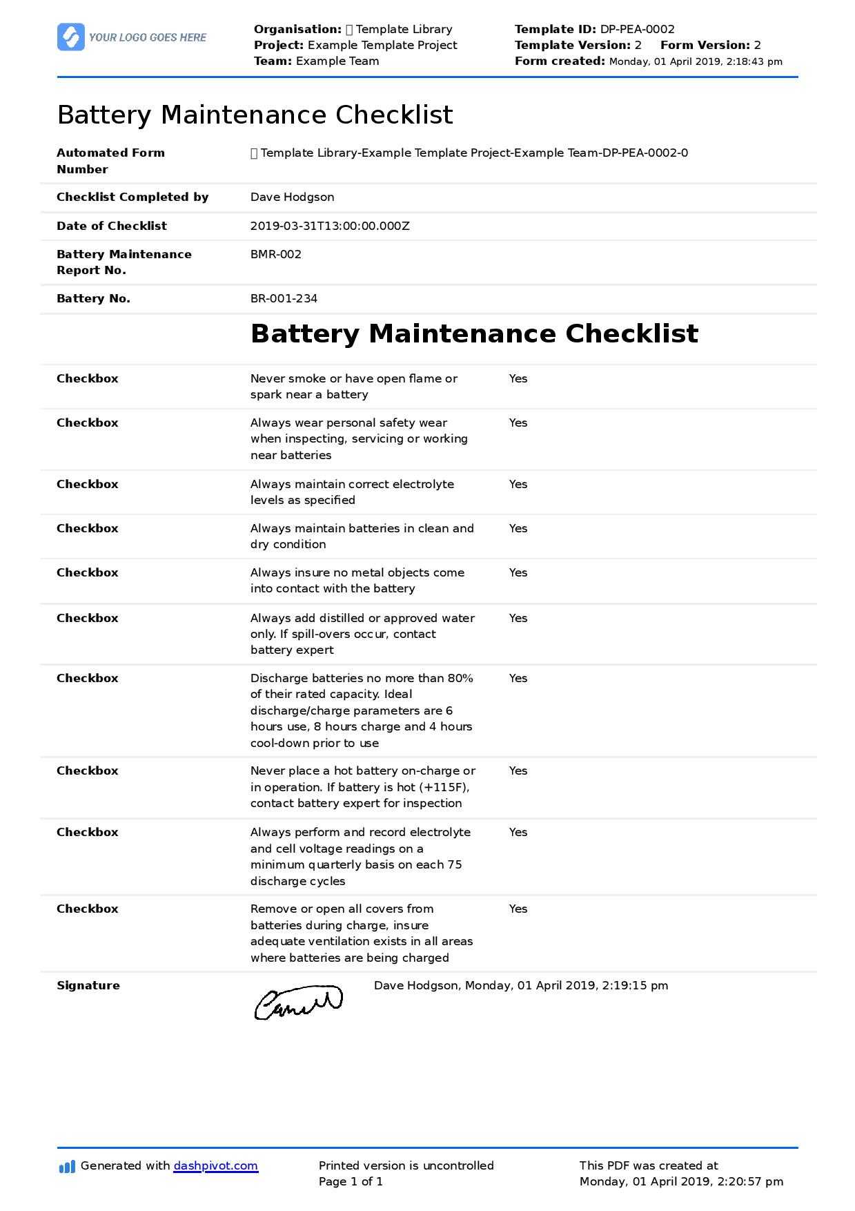 Battery Maintenance Checklist (Forklift, Industrial, Golf Regarding Computer Maintenance Report Template