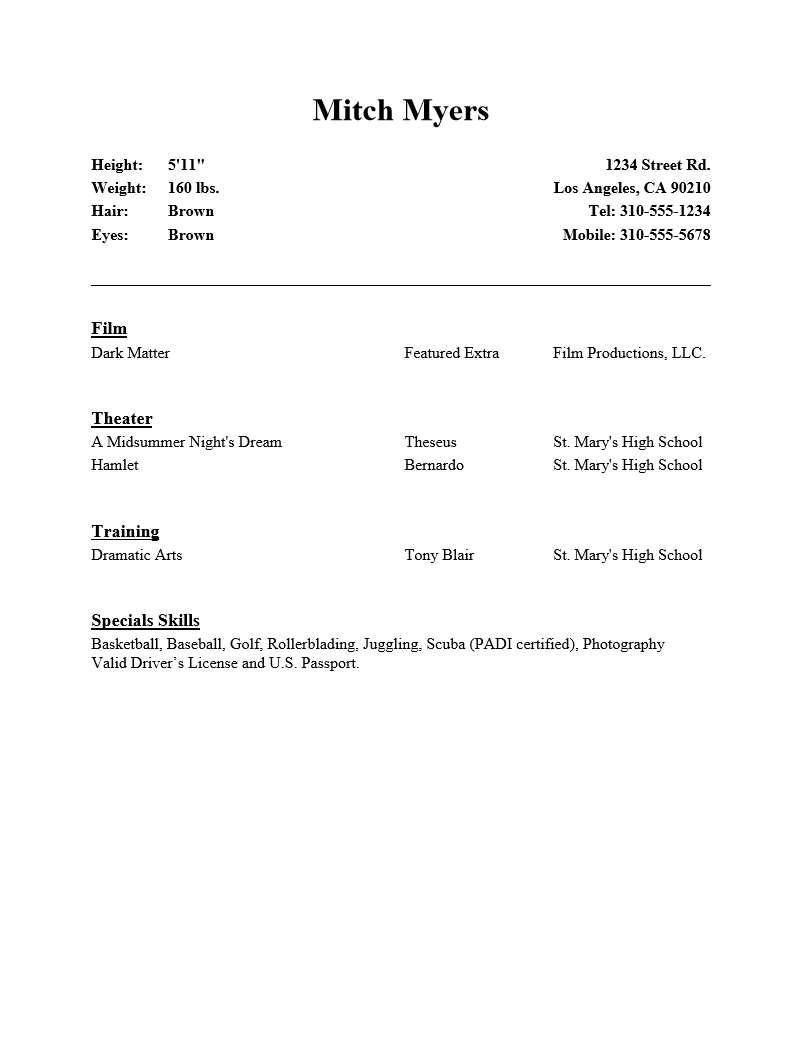 Beginner Acting Resume : Resume Templates Within Theatrical Resume Template Word