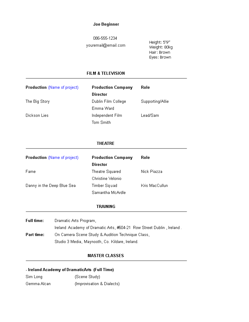 Beginner Acting Resume Template | Templates At With Regard To Theatrical Resume Template Word