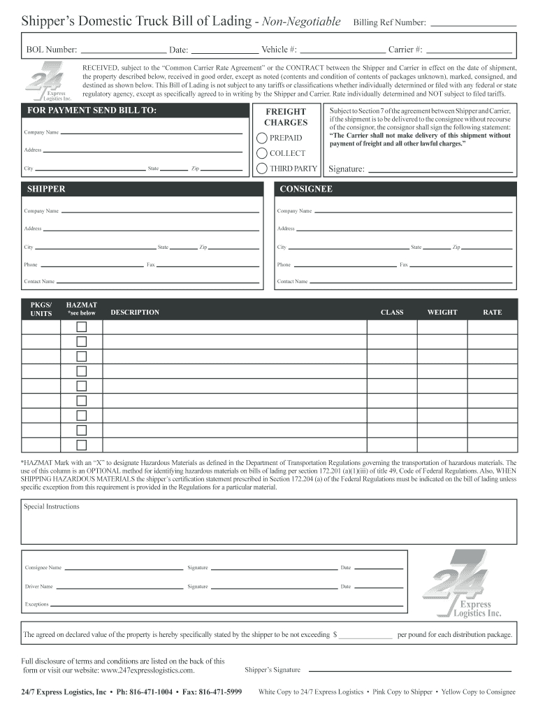 Bill Of Lading Form – Fill Online, Printable, Fillable In Blank Bol Template