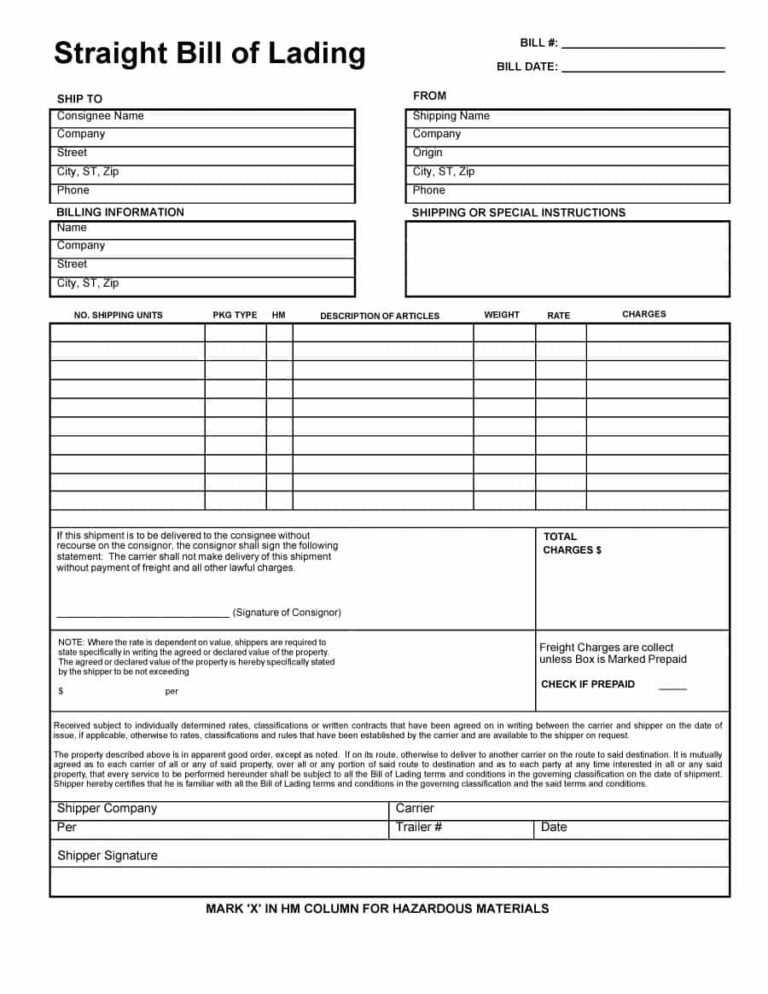 Bill Of Lading Form Fillable | Bill Of Lading Form Templates for Blank ...