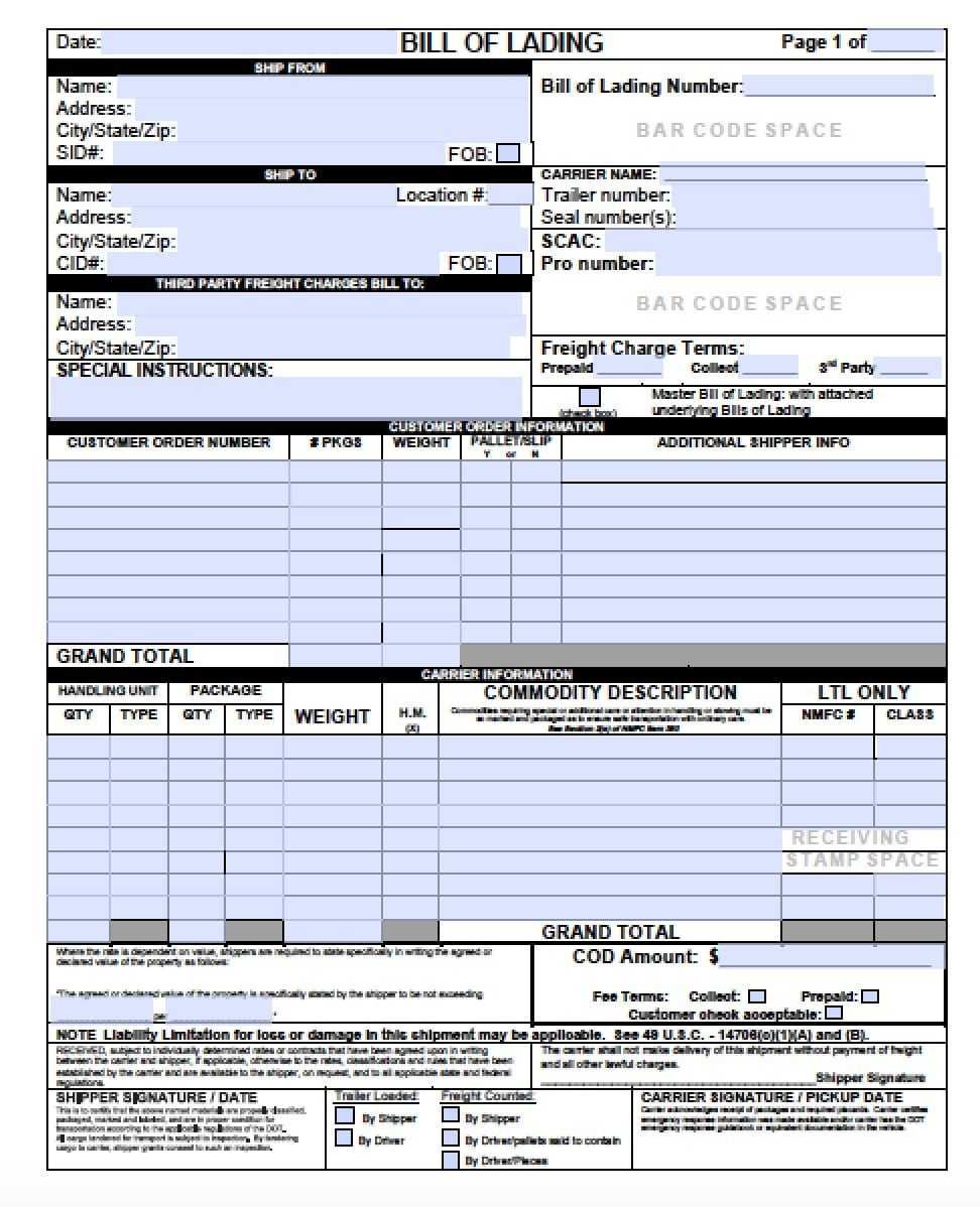 Bill Of Lading Template For Excel | Bill Of Lading Form In Blank Bol Template