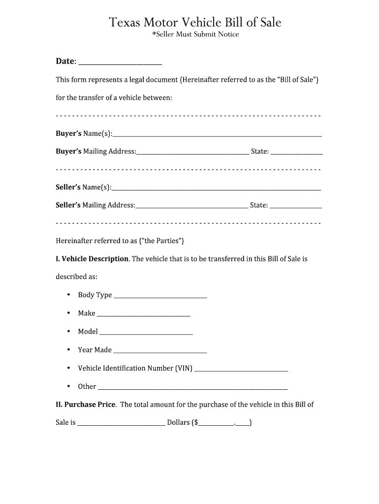 Bill Of Sale Texas – Fill Online, Printable, Fillable, Blank With Regard To Vehicle Bill Of Sale Template Word
