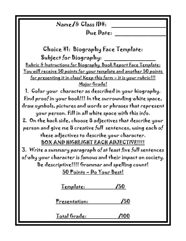 Biography Book Report Face Template Instructions.doc In Book Report Template Grade 1