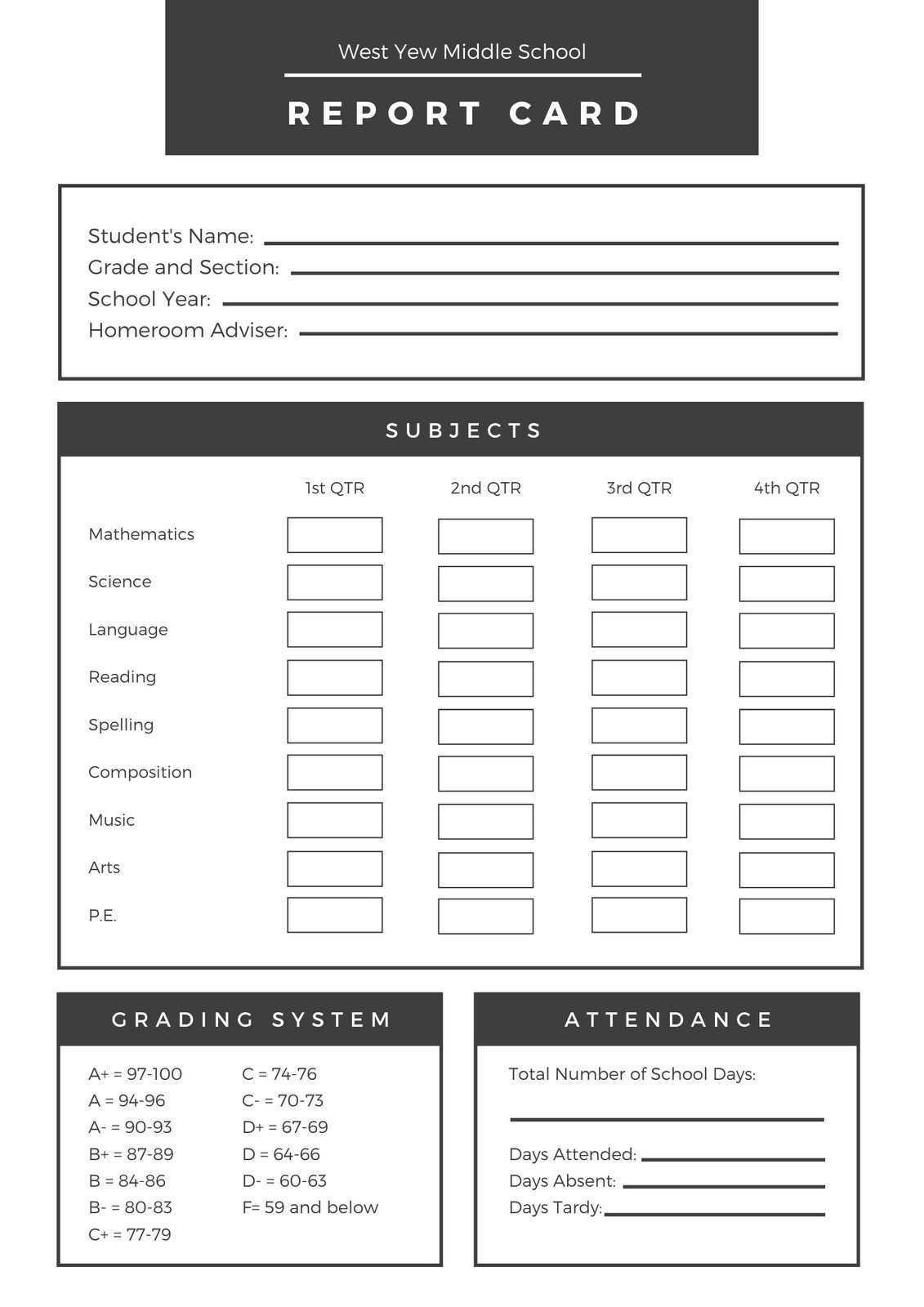 Black White Middle School Report Card – Templatescanva Intended For Report Card Template Middle School