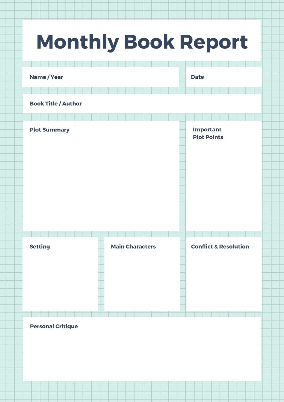 Blue Grid Boxes High School Monthly Book Report – Templates In High School Book Report Template