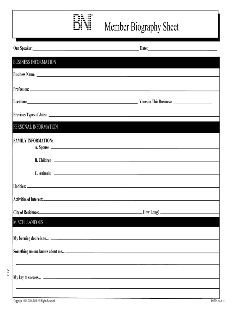 Bni Bio Sheet – Fill Online, Printable, Fillable, Blank Inside Free Bio ...