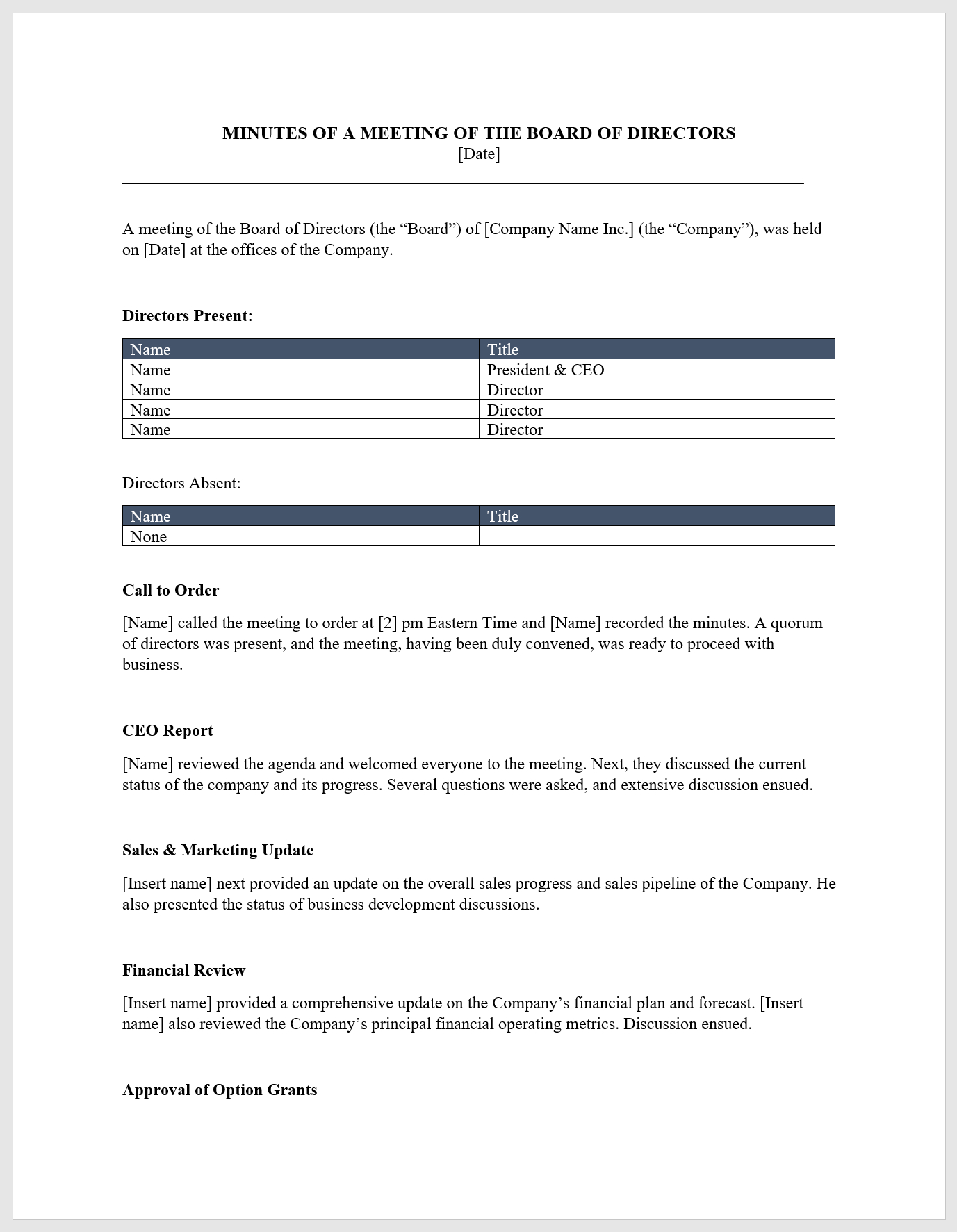 Board Meeting Minutes Template – Download From Cfi Marketplace With Regard To Ceo Report To Board Of Directors Template