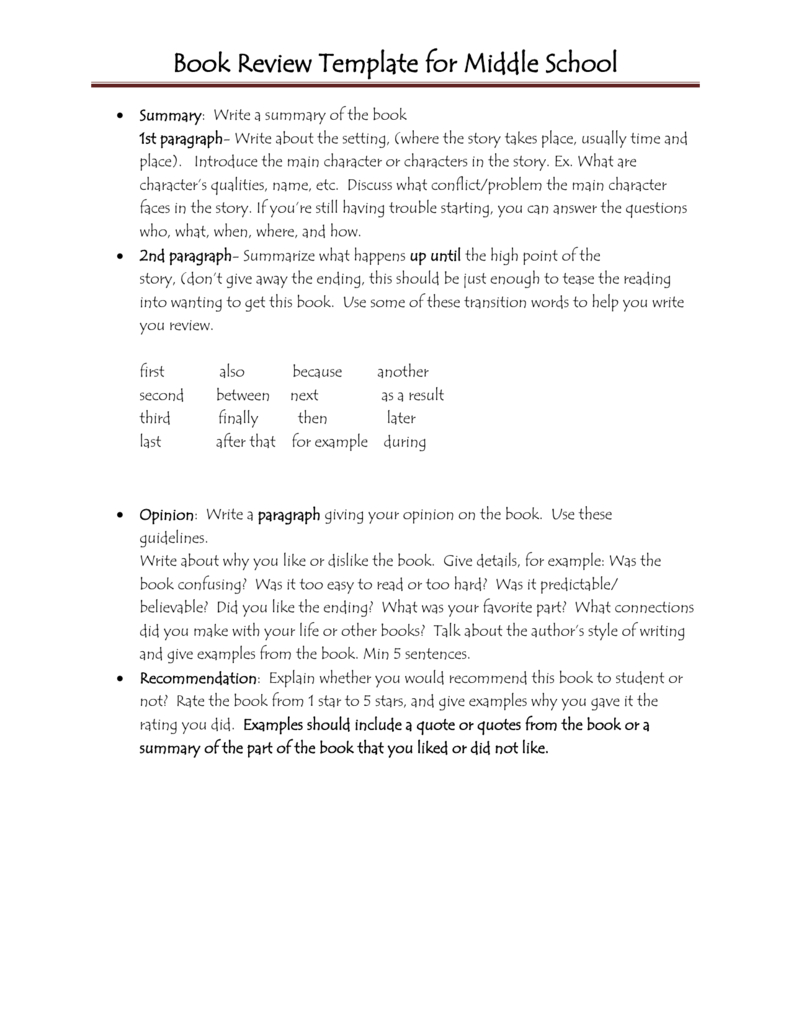 Book Review Template For Middle School Regarding Middle School Book Report Template