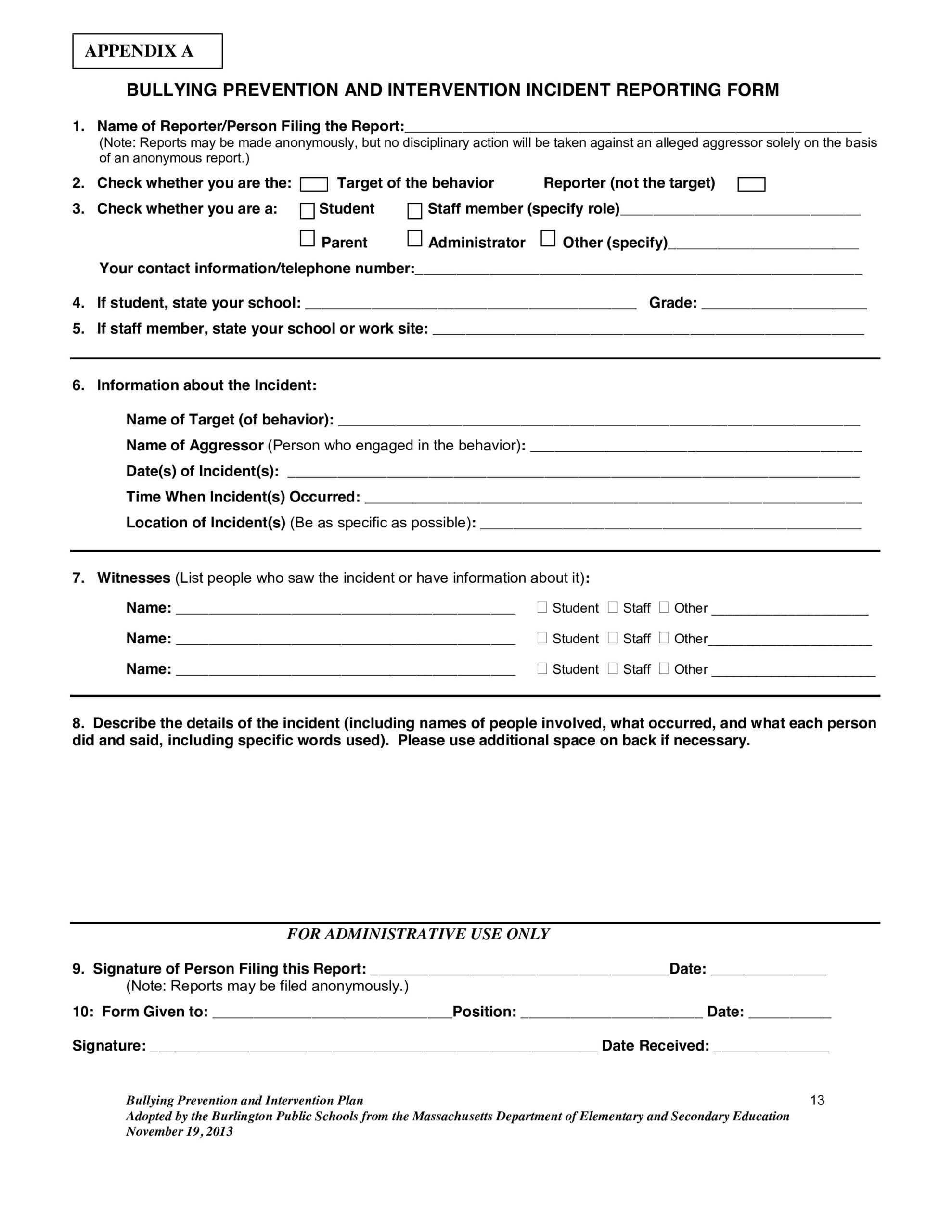 Bps Bullying Incident Report Form | Marshall Simonds Middle For School Incident Report Template