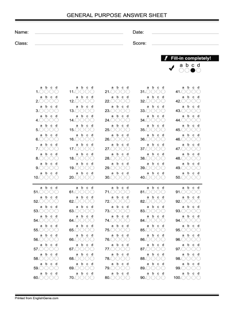 Blank answer sheet template 1 100 professional plan templates