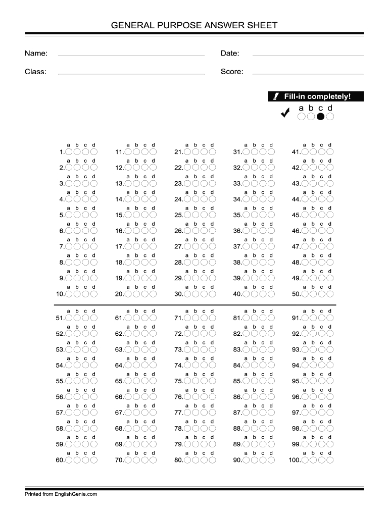 Bubble Answer Sheet 1 100 – Fill Online, Printable, Fillable With Blank Answer Sheet Template 1 100