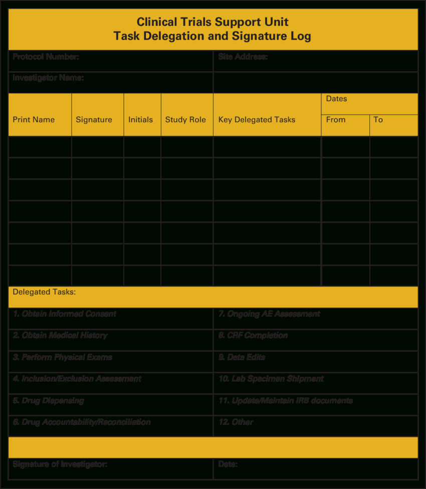 Clinical Trials Support Unit Task Delegation Log. Ae For Case Report Form Template Clinical Trials