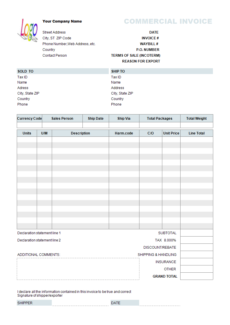 Commercial Invoice Excel | Templates At Allbusinesstemplates With Regard To Commercial Invoice Template Word Doc