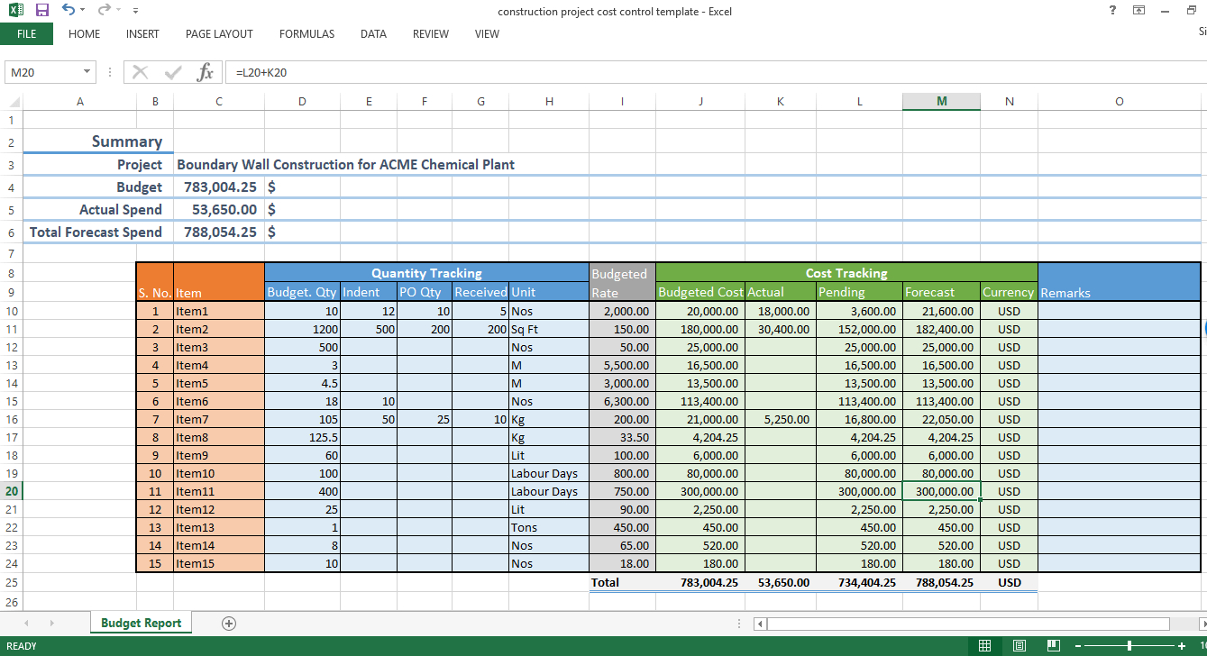 Construction Project Cost Control – Excel Template – Workpack Within Construction Cost Report Template