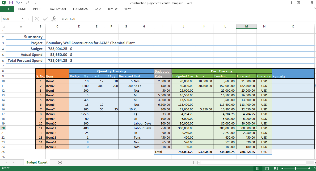 Construction Project Cost Control Excel Template Workpack Within Job Cost Report Template Excel