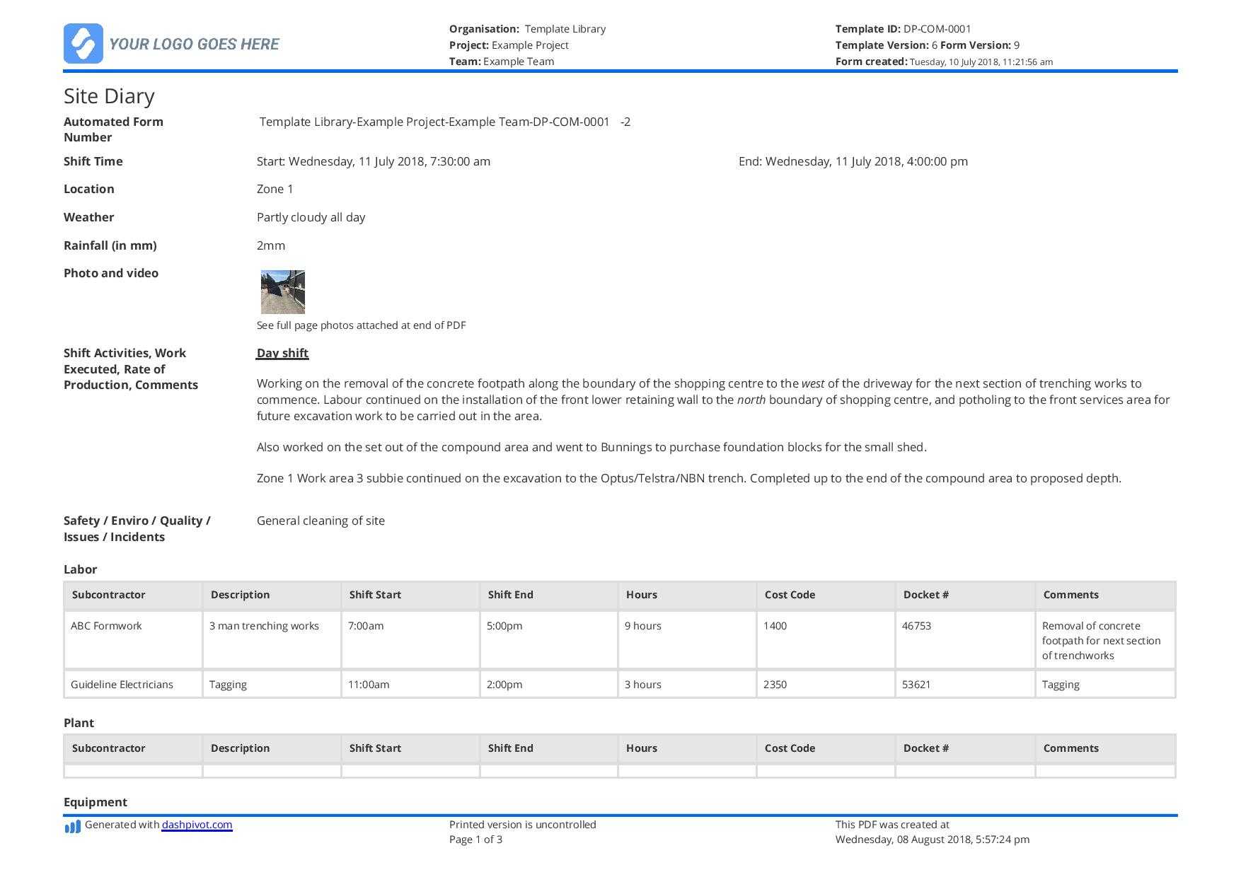 Construction Site Diary Example And A Few Helpful Site Diary Within M&e Report Template