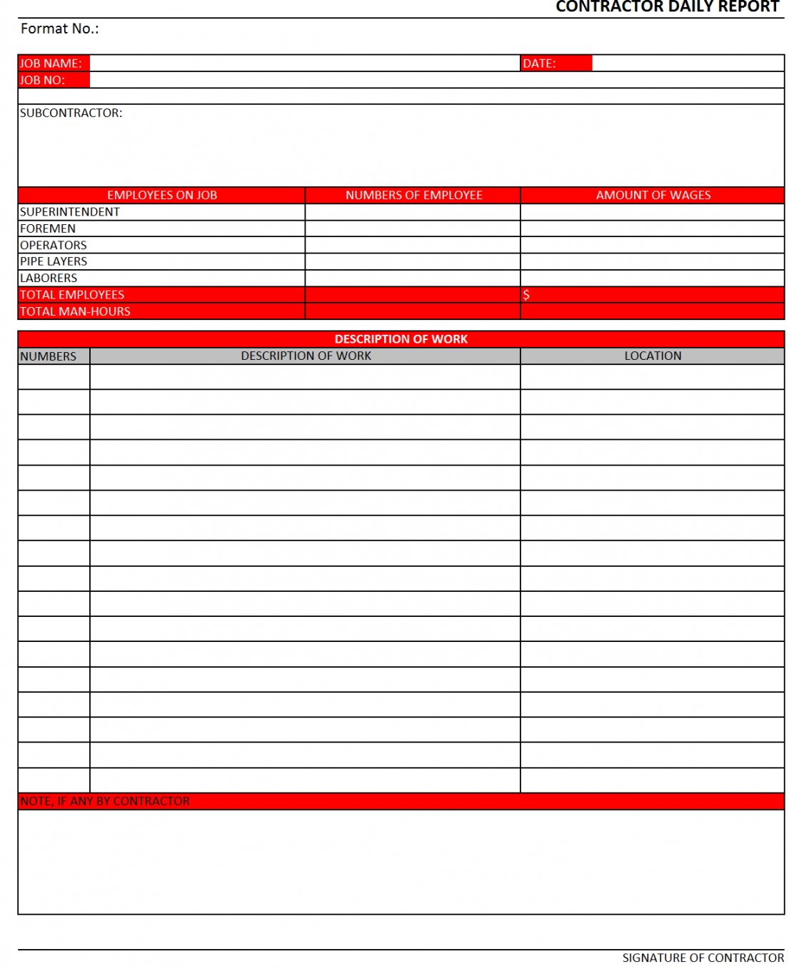 Contractor Daily Report Template In Daily Work Report Template