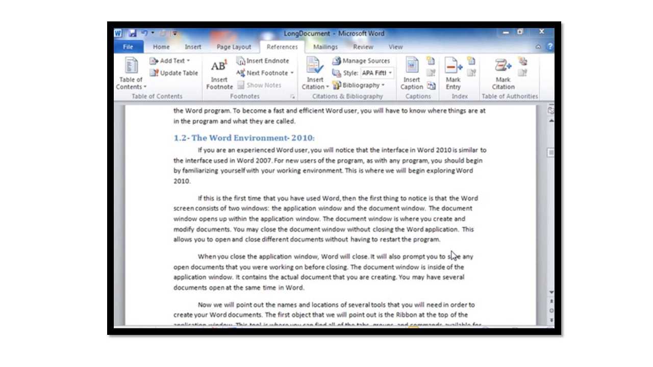 Creating A Table Of Contents In Microsoft Word 2010 Regarding Apa Template For Word 2010