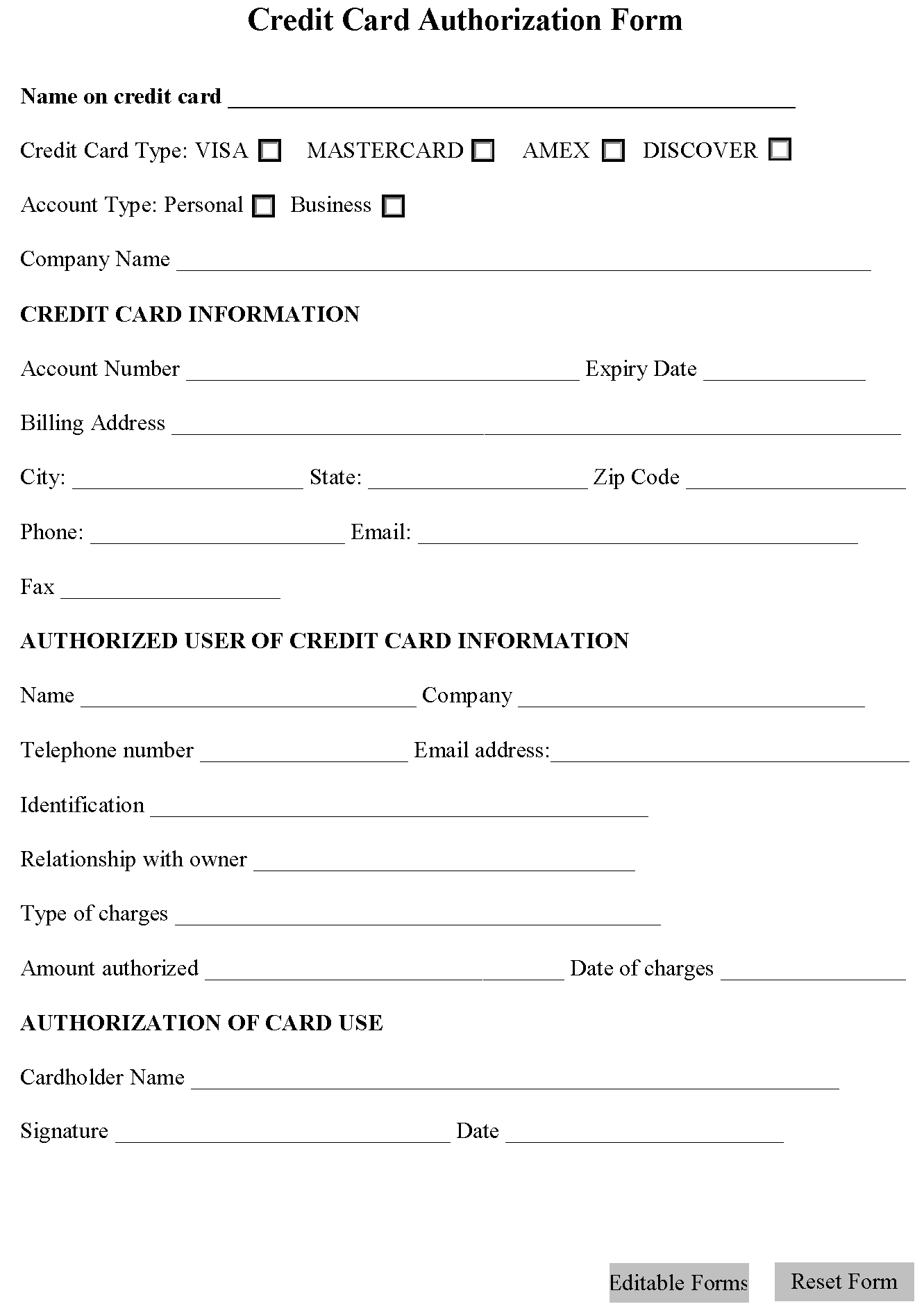 Credit Card Authorization Form | Editable Forms In Credit Card Authorization Form Template Word