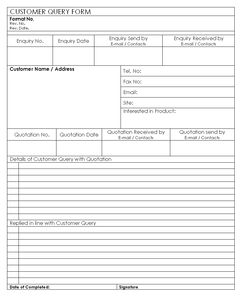 Customer Query Form Format Pertaining To Enquiry Form Template Word
