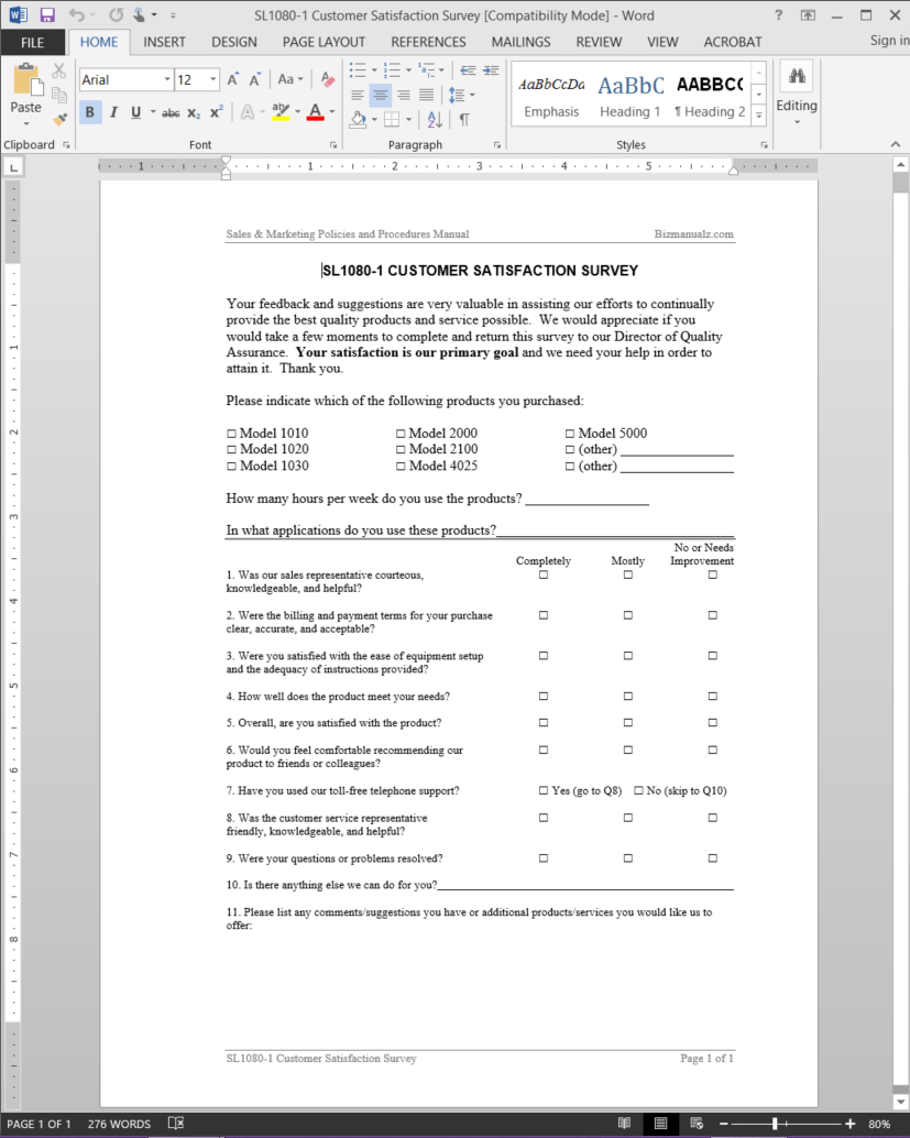 Customer Satisfaction Survey Template | Sl1080 1 Regarding Questionnaire Design Template Word