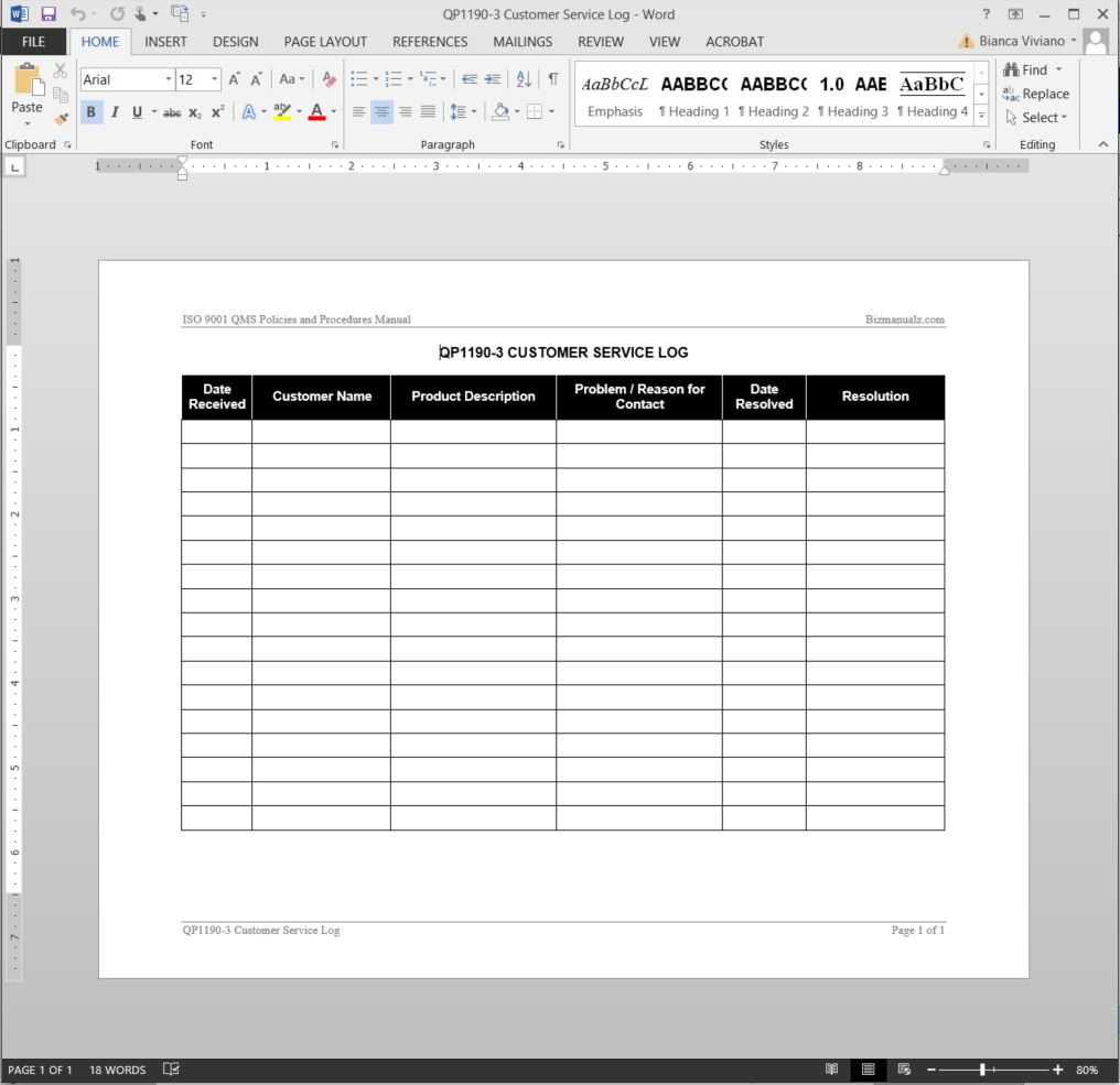 Customer Service Log Iso Template | Qp1190 3 Intended For Customer Contact Report Template