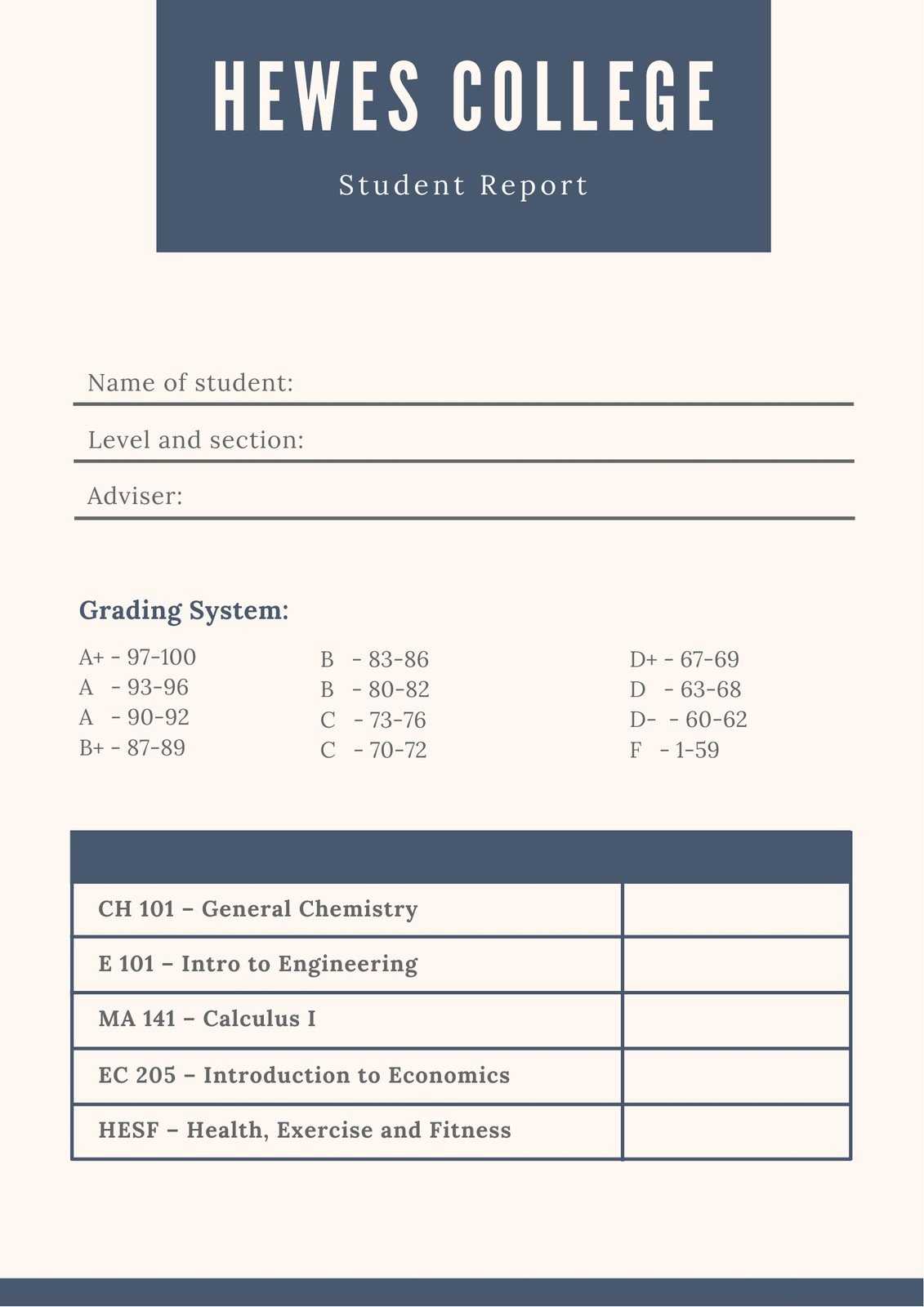 Dark Blue And Cream Simple College Report Card – Templates Intended For College Report Card Template